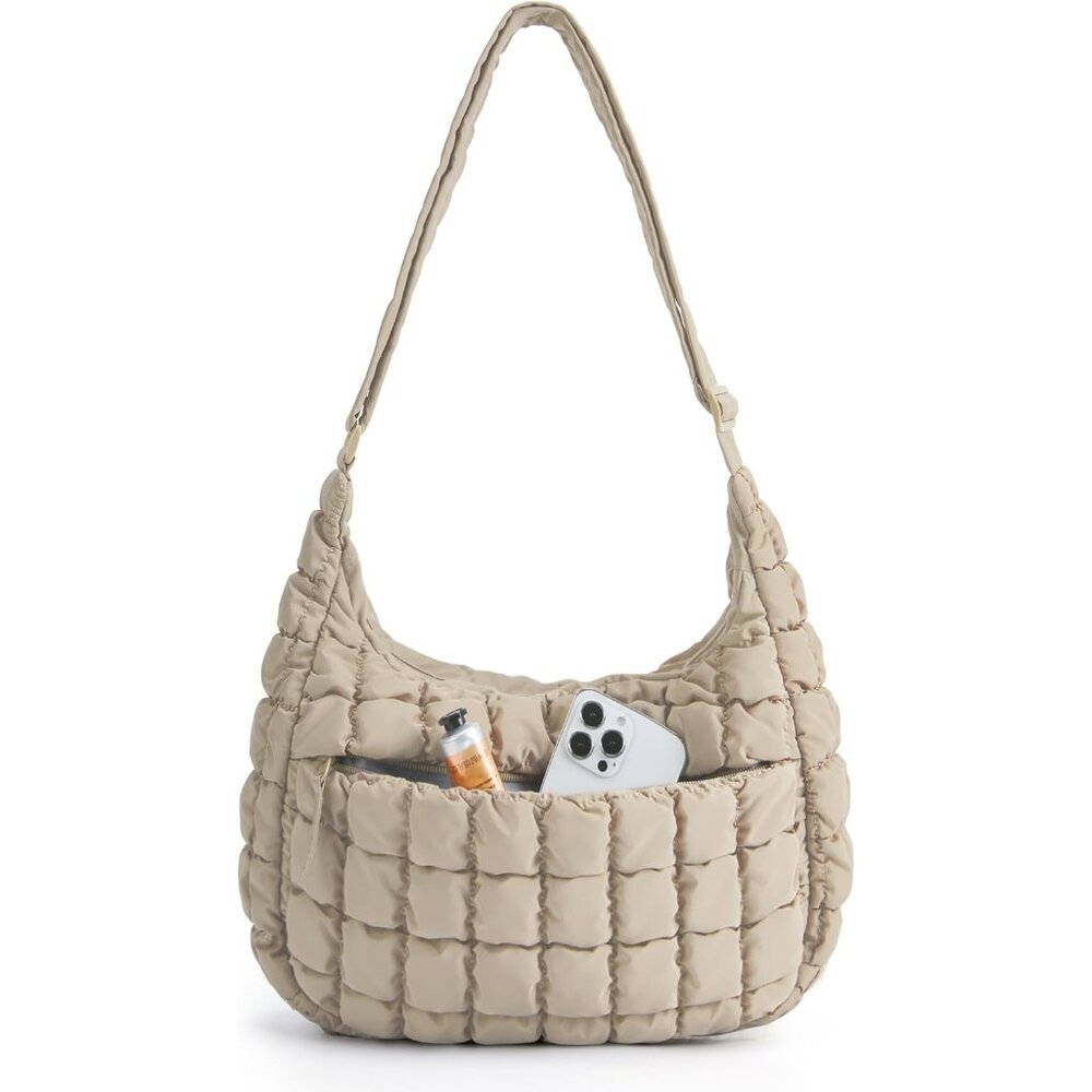 〽️Women Beige Adjustable Strap Puffy Compact Shoulder Handbag Crossbody Hobo Bag